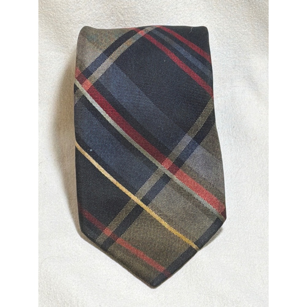 Mens Silk Plaid Necktie Navy Blue Olive Green Red Yellow Tartan RN 51093 Tie